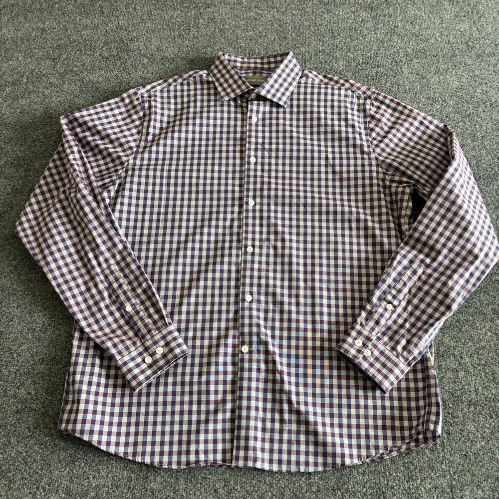 Michael Kors Mens 17 36/37 Regular Fit Airsoft Stretch Gingham Shirt Purple